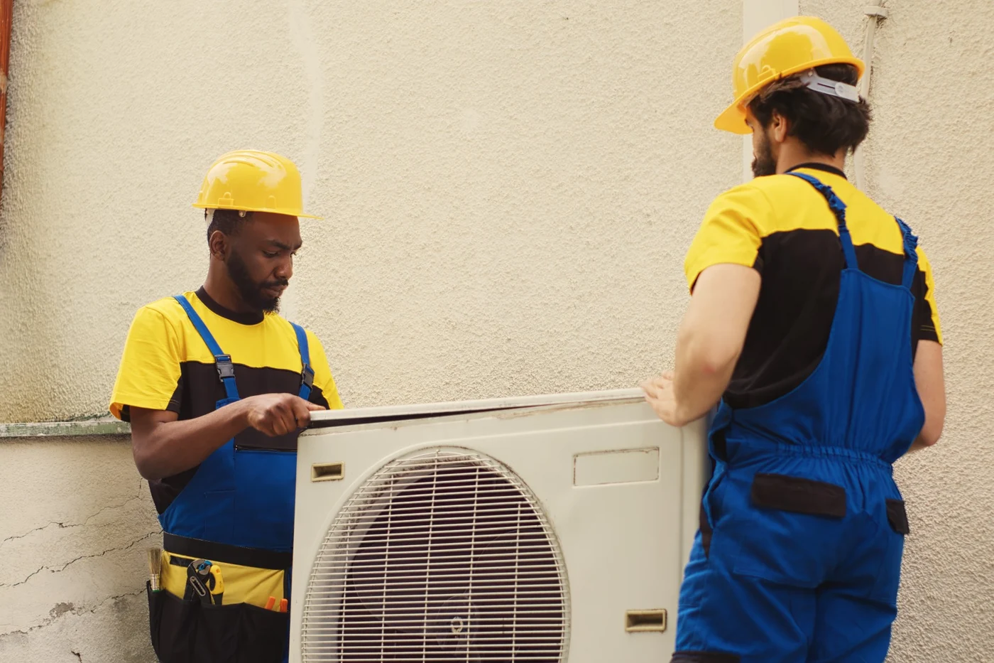 Commercial air-conditioning electrical services for offices and facilities in Gauteng Air-conditioning technicians working together on a commercial HVAC system