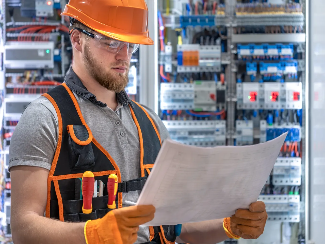 Electrician reviewing electrical plans beside a large distribution panel