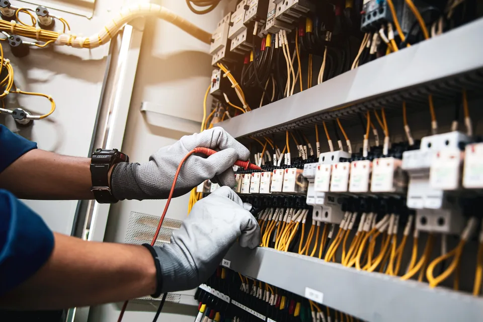 Commercial electrical fault finding and voltage testing at a business distribution board Electrician testing voltage and electrical current inside a commercial power distribution board