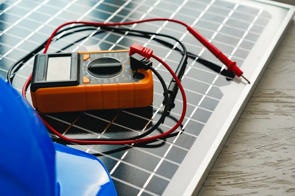 Commercial solar electrical testing, inverter AC protection and backup power integration Electrical test meter positioned on a solar panel for commercial solar electrical testing and AC protection planning