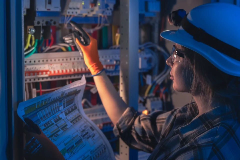 Electrician inspecting an electrical distribution board during DB board repair work in Gauteng