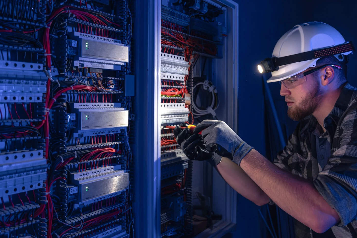 Electrician working on a larger switchboard for three-phase DB board repair work