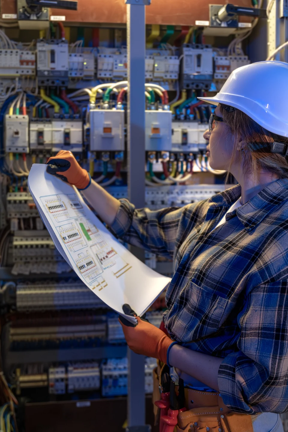Electrician comparing electrical schematics with switchgear during a commercial compliance inspection