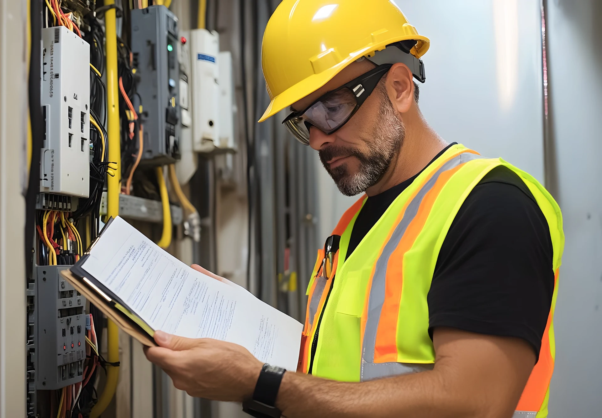 Electrician reviewing electrical inspection documentation beside a distribution board in Gauteng