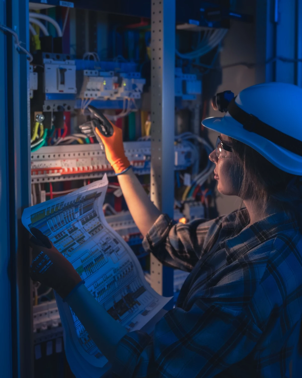 Commercial electrical maintenance switchboard inspection in Gauteng Electrician inspecting a switchboard and electrical schematics during commercial maintenance