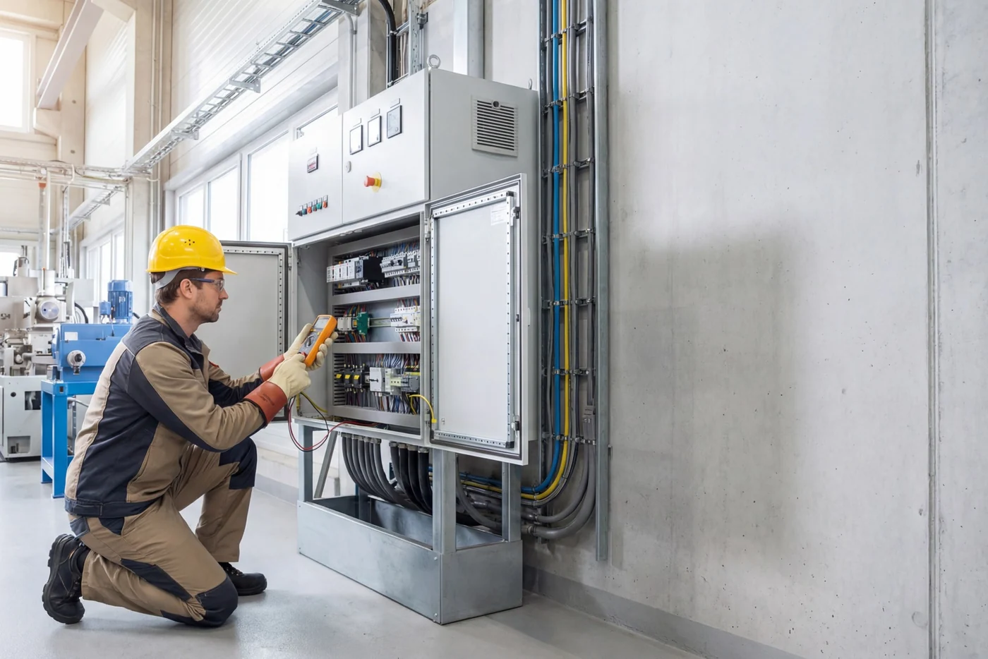 Industrial electrical maintenance and control panel inspection in Gauteng Industrial electrician performing electrical maintenance on a control panel