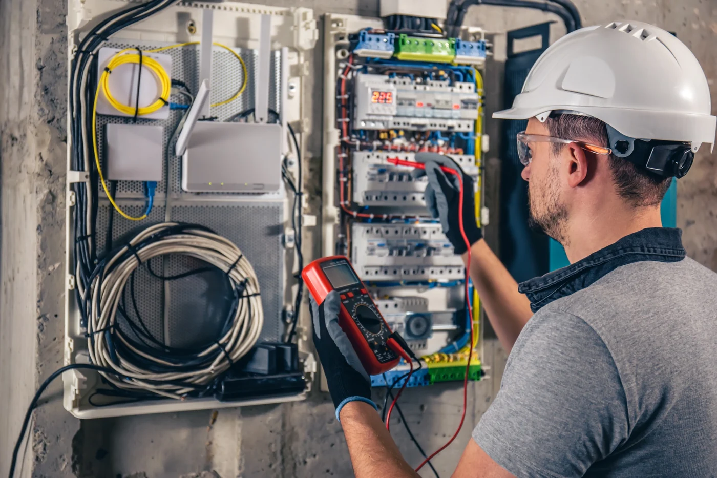Electrician testing an electrical switchboard with a multimeter during emergency fault finding