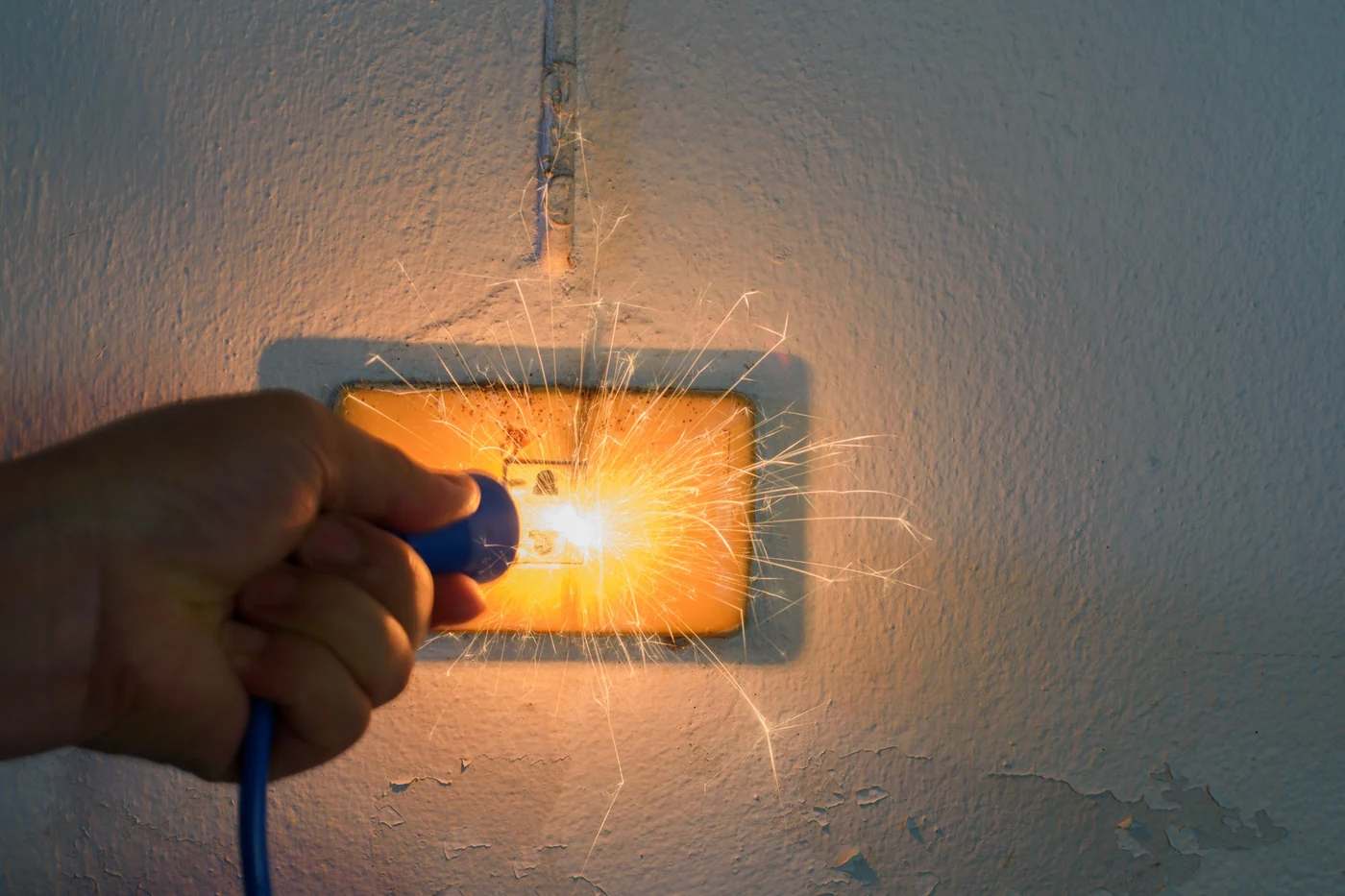 Electrical plug sparking at a damaged wall socket requiring urgent electrical repairs
