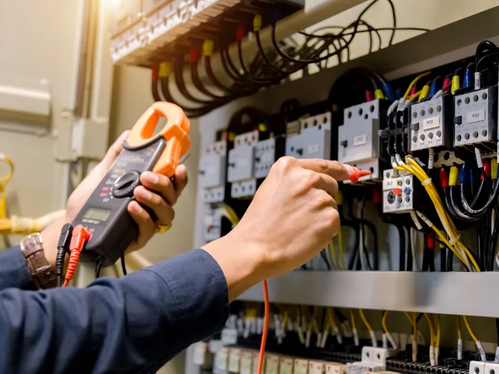 Electrician testing an electrical control panel with a multimeter during fault finding