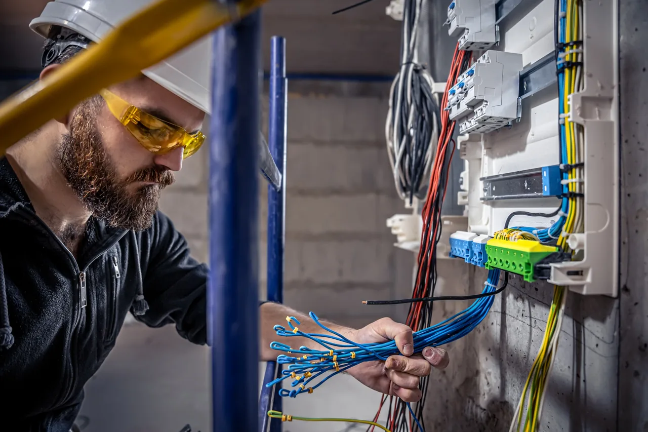 Electrician installing and organising new electrical wiring at a distribution panel