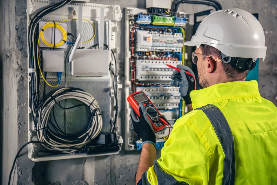 Industrial electrician using a multimeter to test electrical circuits and switchgear in a control panel