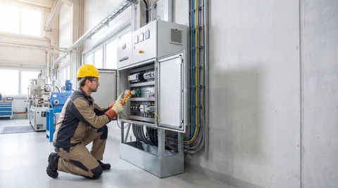 Industrial electrician inspecting and testing a large electrical control panel at a Gauteng industrial facility