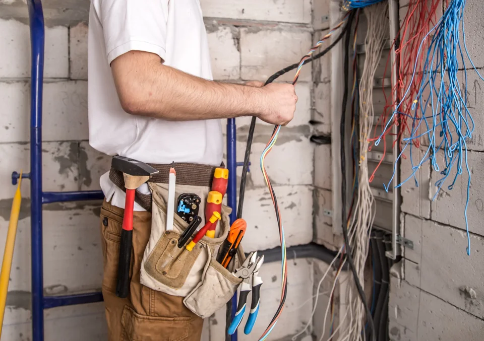 Electrician working near a board with multiple wires during electrical installation