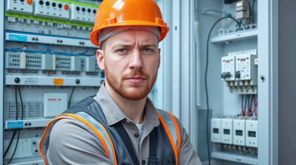 Licensed electrician inspecting a DB board and electrical components