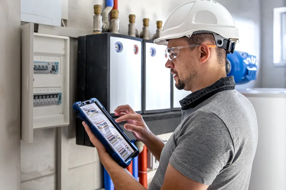 Electrician using a tablet while inspecting a DB board