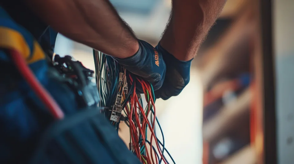 Electrician working on electrical wiring inside a wall box