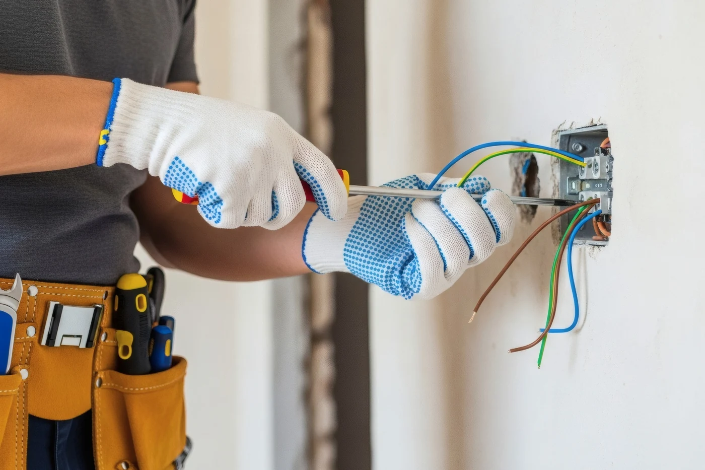 Electrician installing wall outlet wiring for a dedicated electrical circuit