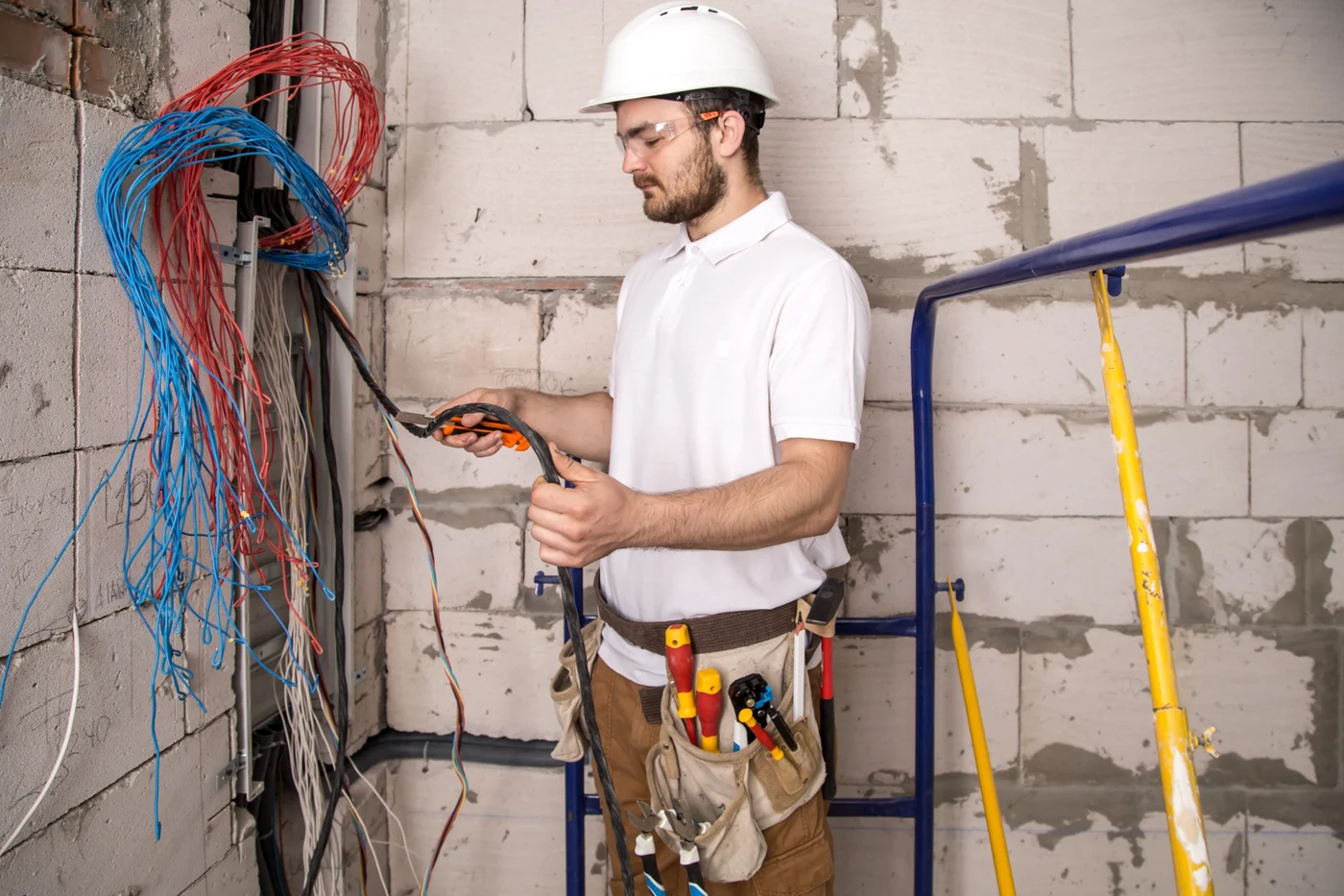 Electrician working with electrical wiring and cable connections at a construction site