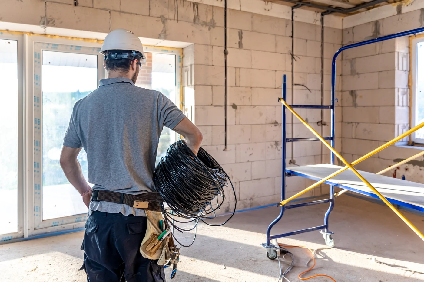 Electrician carrying electrical cable during wiring work at a renovation site
